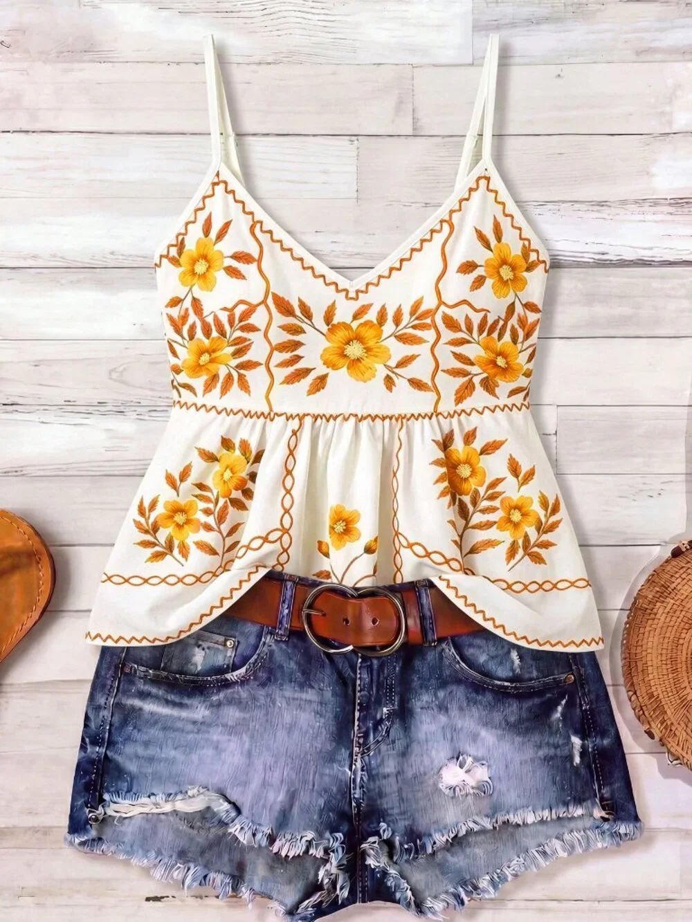 Yellow Boho Women's Round Neck Lantern Sleeve Embroidery Print A-Line